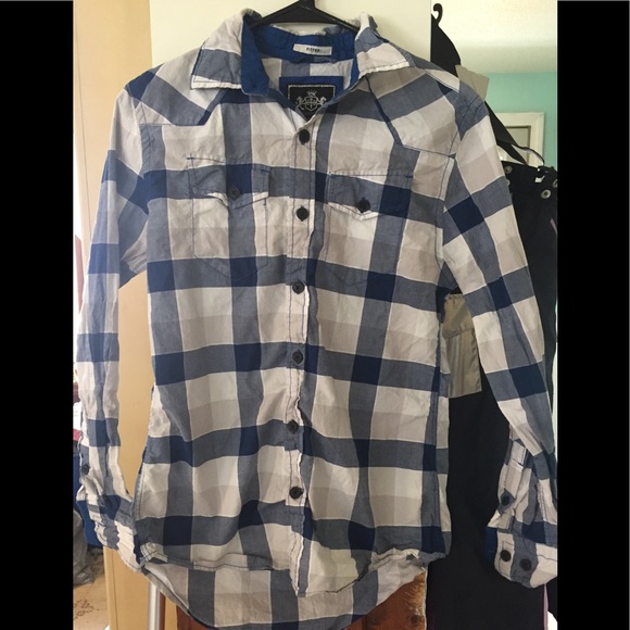Express Other - Fitted Blue Plaid Button-up